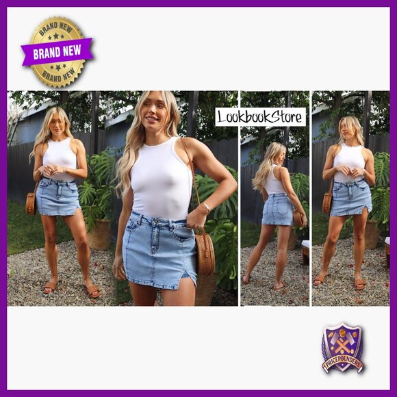 High Waisted Denim Skort with Side Split and Built-in Shorts - Picture 7 of 7